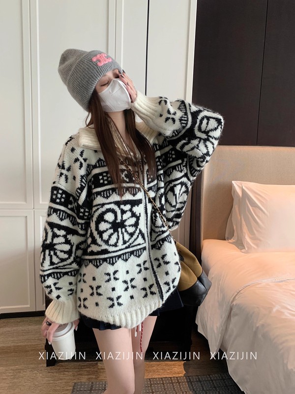 复古提花翻领毛衣外套女2025新款秋冬慵懒设计感宽松拉链针织开衫|undefined