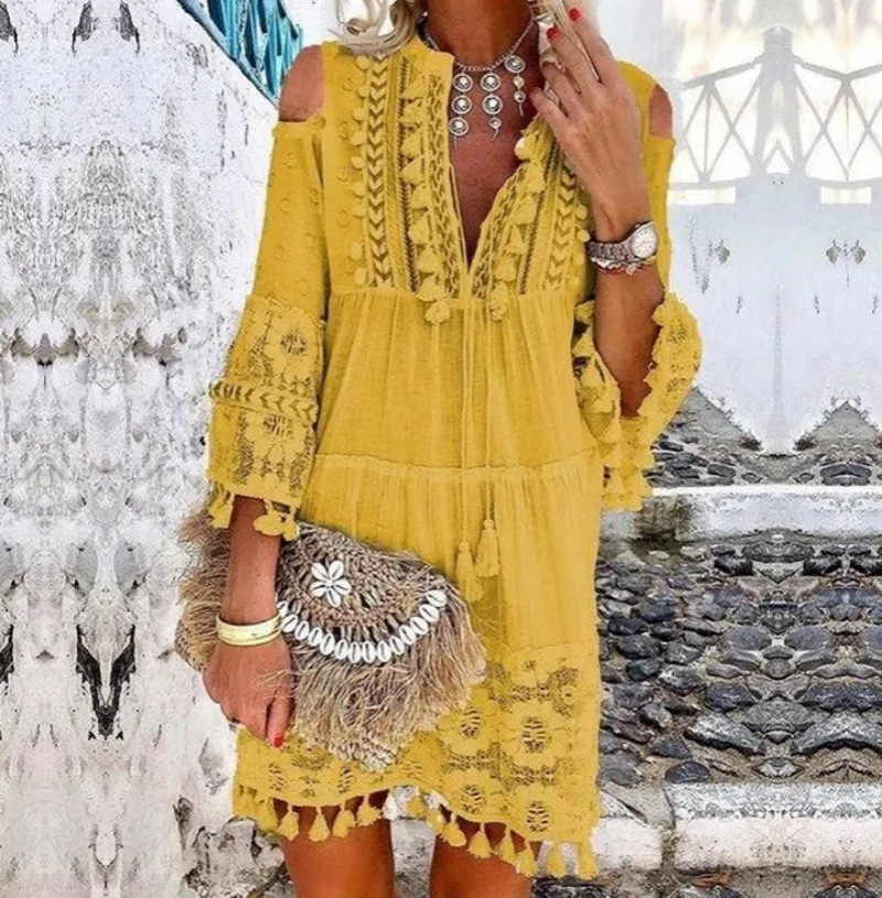 Women's Boho Dress Ethnic Style V Neck Tassel Hollow Out 3/4 Length Sleeve Solid Color Above Knee Travel display picture 2
