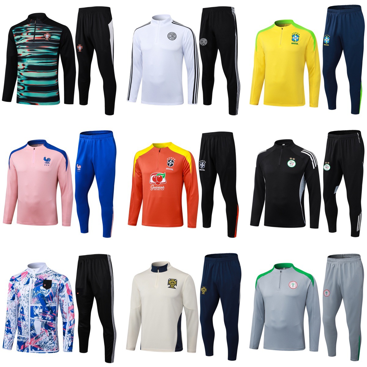 Football Training Uniforms France Brazil Argentina Portugal Germany Japan Algeria Half-Zip Long-Sleeve Set
