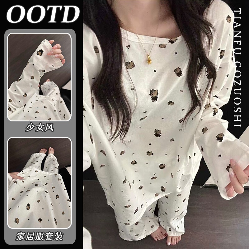 Imitation cotton Korean-style women's pajamas for spring and autumn, cartoon long-sleeve and long-pants, round-neck, can be worn outside, loungewear, casual set