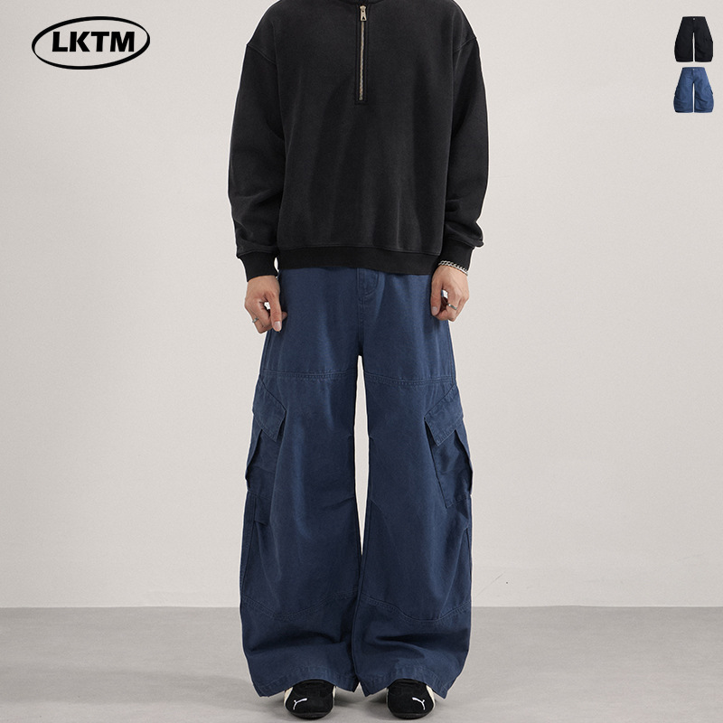 Lktm Men's American Retro Vintage French Work Blue Cargo Pants Unisex Washed Distressed Scimitar Casual Long Pants