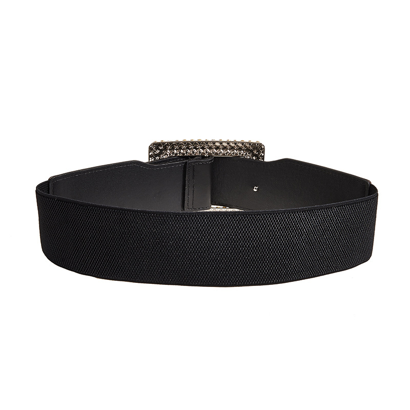 Ceinture large à boucle carrée pour manteau décoratif, insert élastique à la taille, ceinture élastique à strass pour femme, noir_voghion.com
