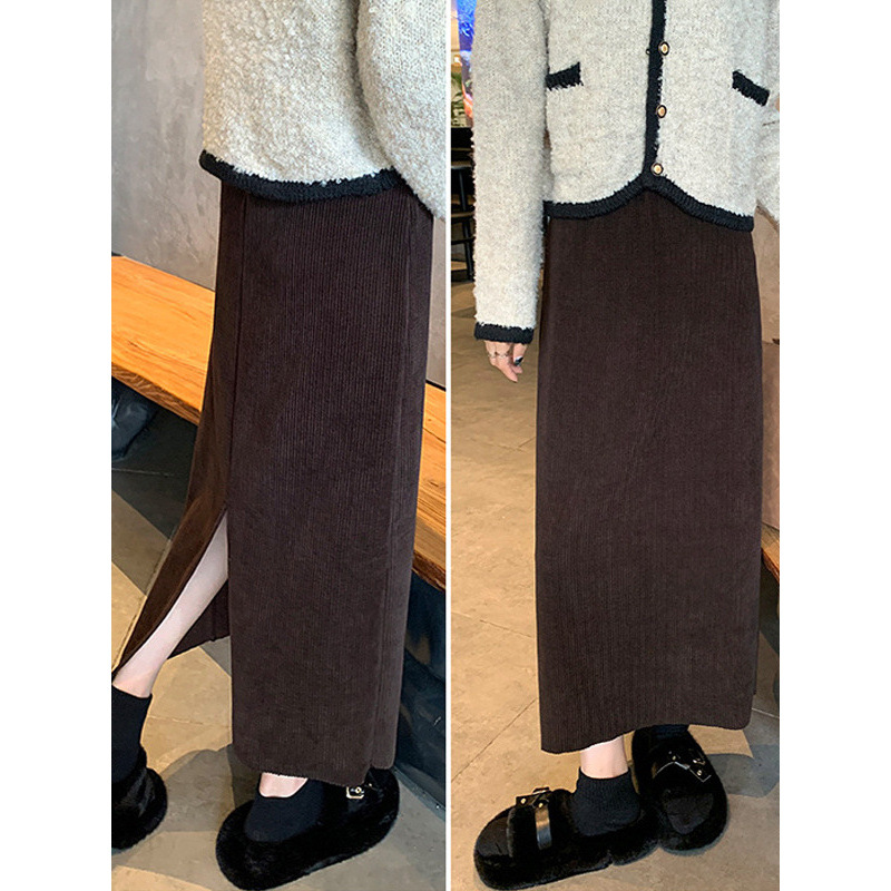 Maternity Chenille Skirt with Belly Support, Slit, Mid-Length A-Line Corduroy Skirt, Suitable for Spring, Autumn, and Winter, with Added Fleece