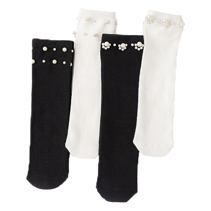 Zapatos y calcetines: Calcetines de tubo recto de algodón para niños sin talón, de color liso, calcetines de perlas para estudiantes, en blanco y negro, calcetines de tubo medio para niños grandes y pequeños, estilo perla.