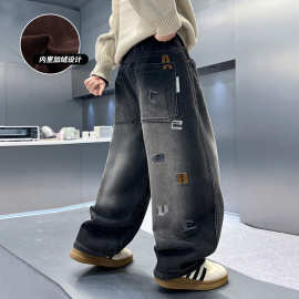 男童加绒裤子2025新款牛仔裤秋冬一体绒大儿童冬装直筒男孩长裤潮