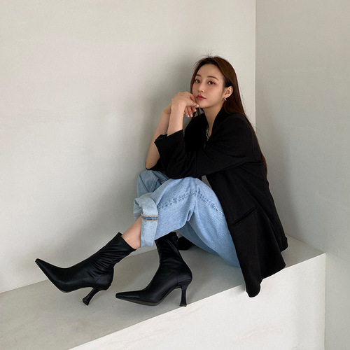 2024 New Spring New High Heel Short Boots Korean Style Internet Celebrity Slim Boots Pointed Toe Stiletto Heel OL Commuting Ankle Short Women's Boots