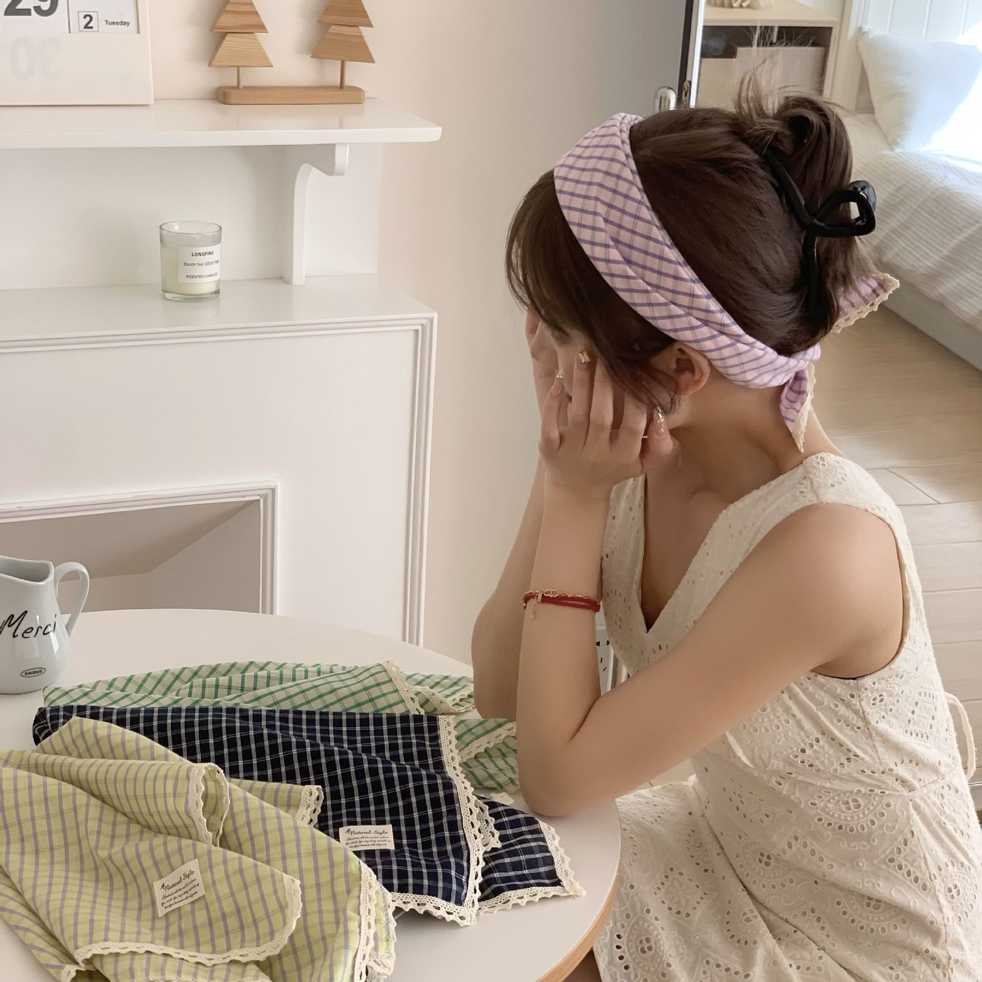 Pañuelo a cuadros, niña de verano, pastoral, nuevo estilo, bufanda de seda de lino y algodón fresco, bufanda cuadrada pequeña con cuello, bufanda decorativa para el cabello, bufanda al por mayor