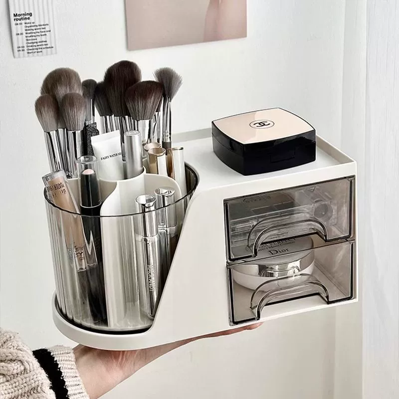 Rotating Cosmetic Organizer, Multi-Compartment Makeup Storage Box with Drawers and Brush Holder
