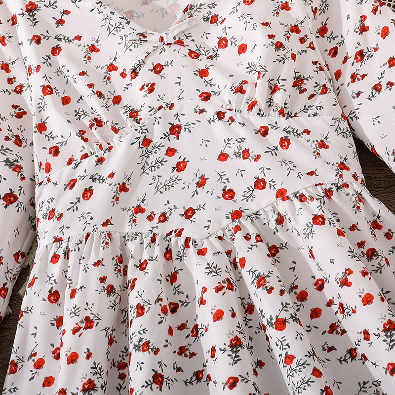 Comercio exterior transfronterizo ropa de niñas 2025 otoño nuevo estilo francés flores cortas mangas largas cintura adelgazante vestido de niños medianos y grandes