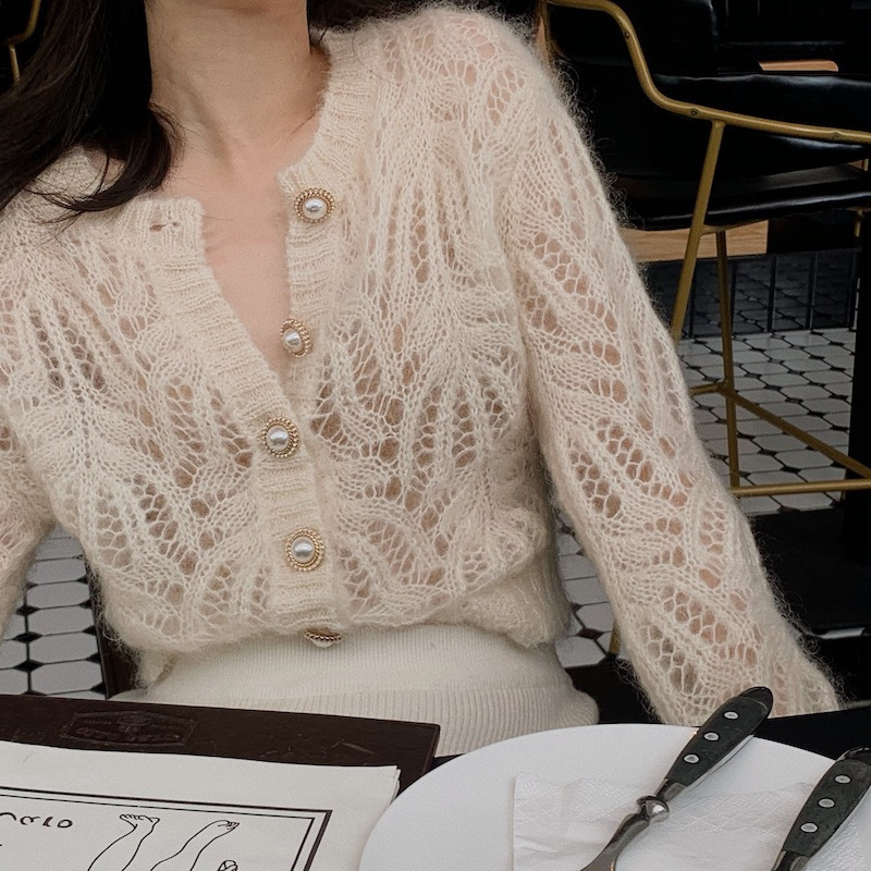 Hollow Knitted Cardigan Women's Spring and Summer New Mohair Top All-match White Elegant Pearl Button Sweater Coat Trendy