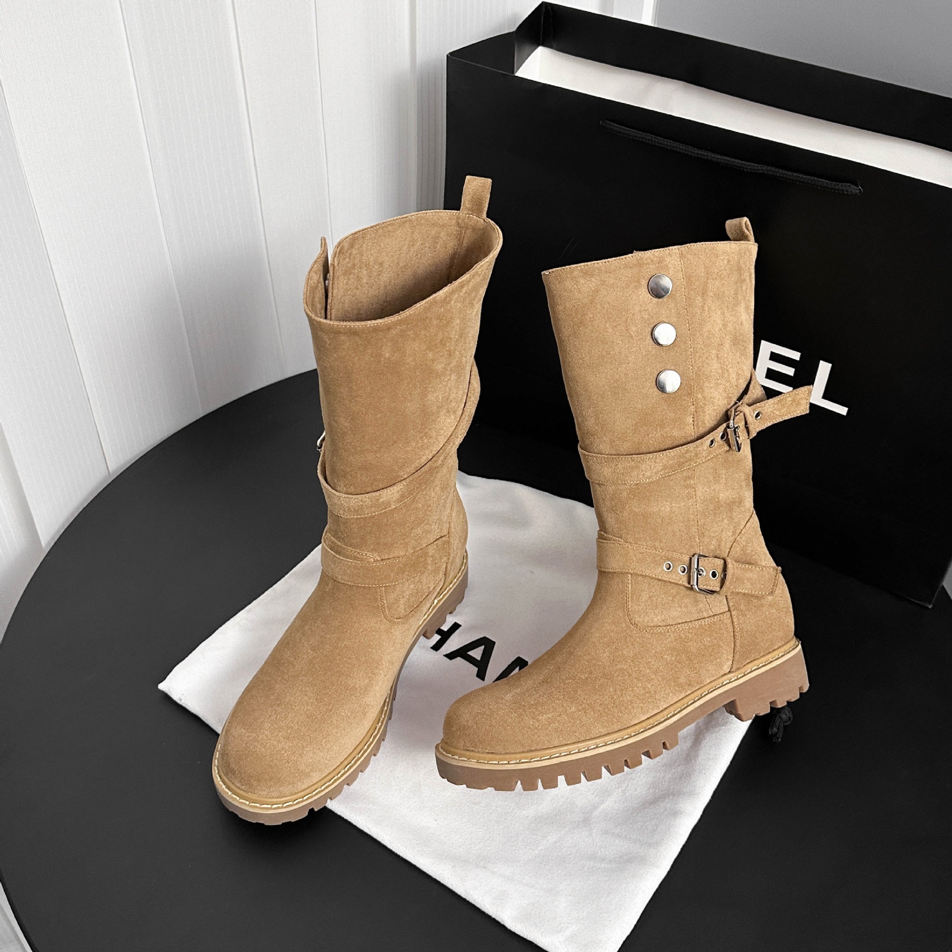 Botines Vaqueros para Mujer de 7 cm, Terciopelo con Hebilla y Suela Gruesa para Otoño e Invierno