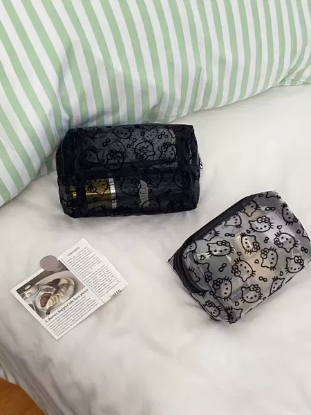 New Transparent Mesh Kitty Makeup Bag Portable Storage Bag Large Capacity Travel Makeup Bag for Women Cute and Fashionable