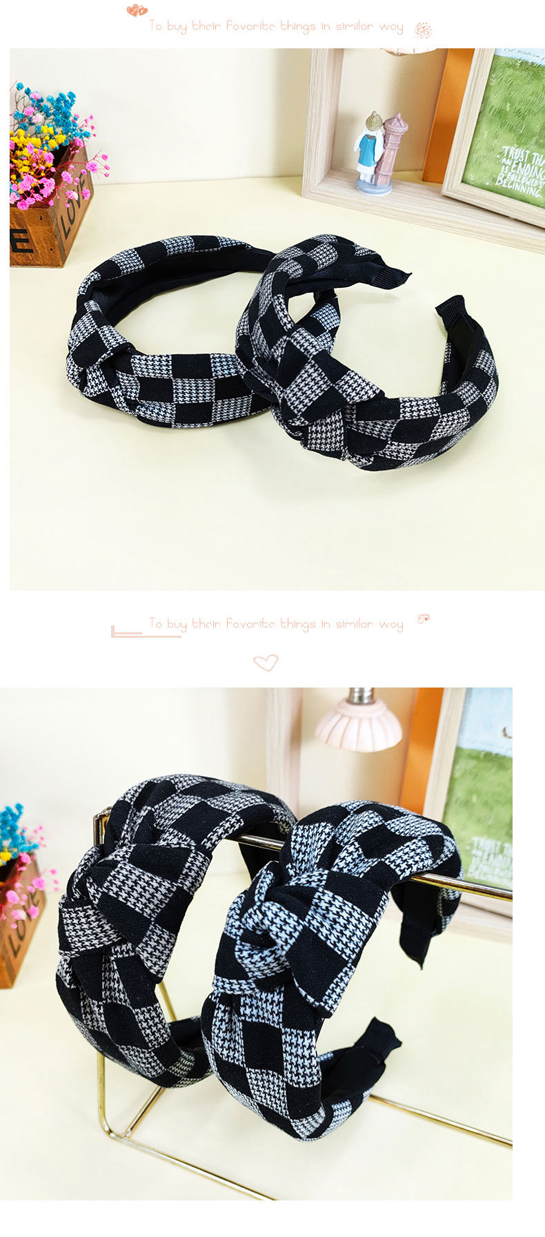 Korean Version Of The New Fabric Headband Wide-sided Checkerboard Lattice Cross Knotted Headband display picture 3