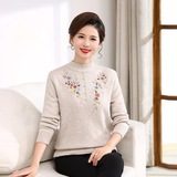 中老年女裝秋冬新款仿水貂一體絨針織衫大碼寬松繡花洋氣媽媽裝，女裝針織衫/毛衣，妃慕昵服飾