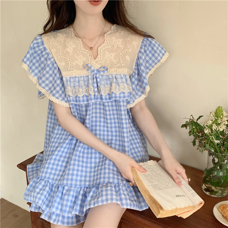 Verano ins Corea del Sur comercio exterior de las mujeres Plaid encaje dulce princesa bordado pesado encaje Home wear traje camisón