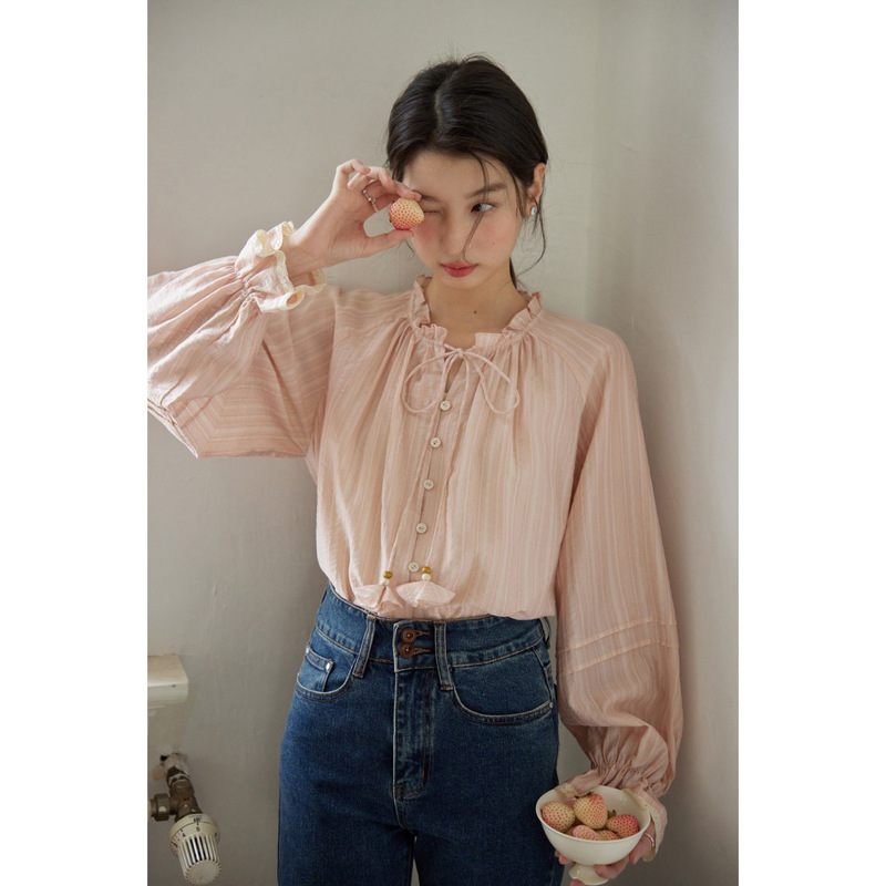 Nov Elist Spring Ruffled Collar Tie Long-Sleeve Shirt for Women, High-End Stylish Pink French-Style Top Nov Elist Spring Ruffled Collar Tie Long-Sleeve Shirt for Women, High-End Stylish Pink French-Style Top