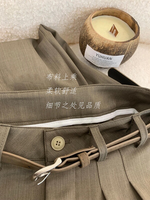 CHAO级推荐！韩式浅咖色精纺羊毛休闲女裤西裤显瘦高腰百搭阔腿裤|undefined