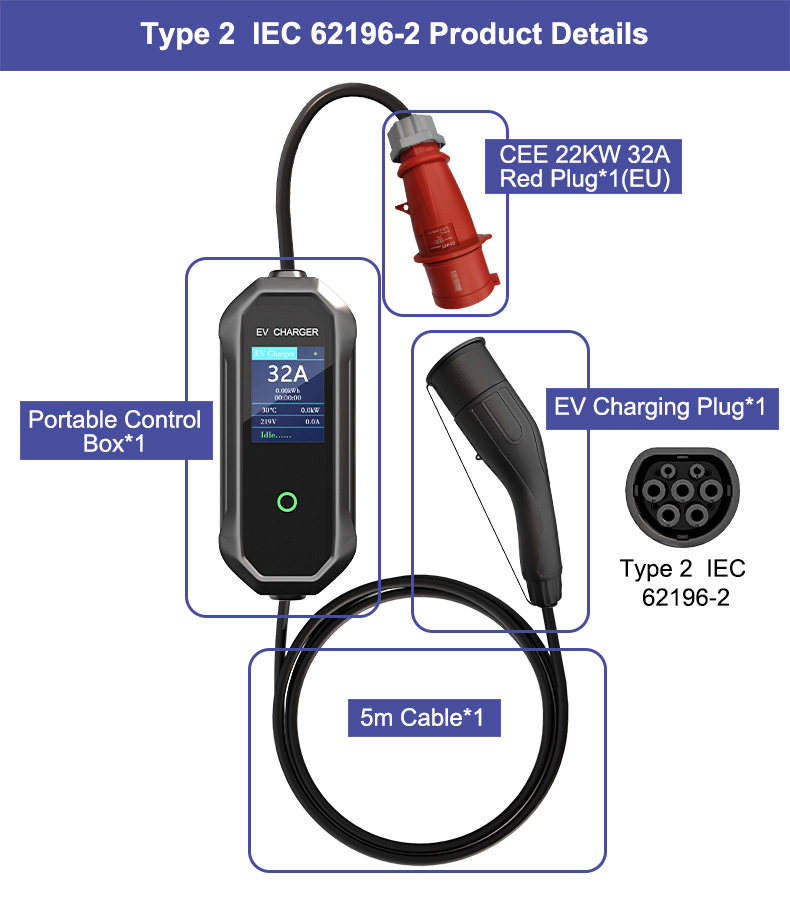 Type2 Charging Station 22Kw European Standard Tesla Aito New Energy Vehicle On-Board Charger Three-Phase Fast Charging