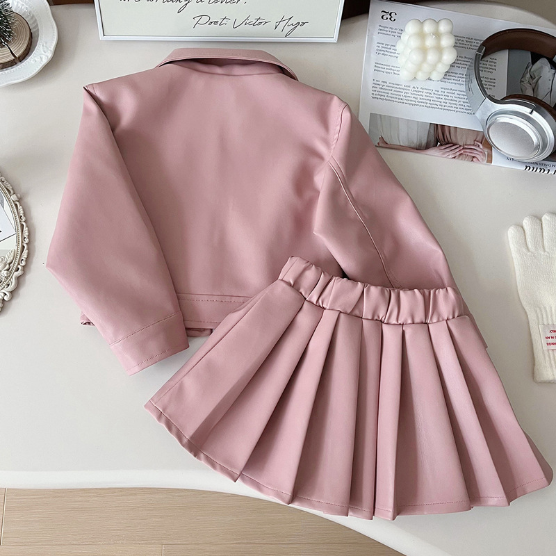 Girls Autum Pu Leather Suit Little Girl Korean Style Fashionable Motorcycle Clothing Kidsren's Leather Jacket Pleated Skirt Two-Piece Set