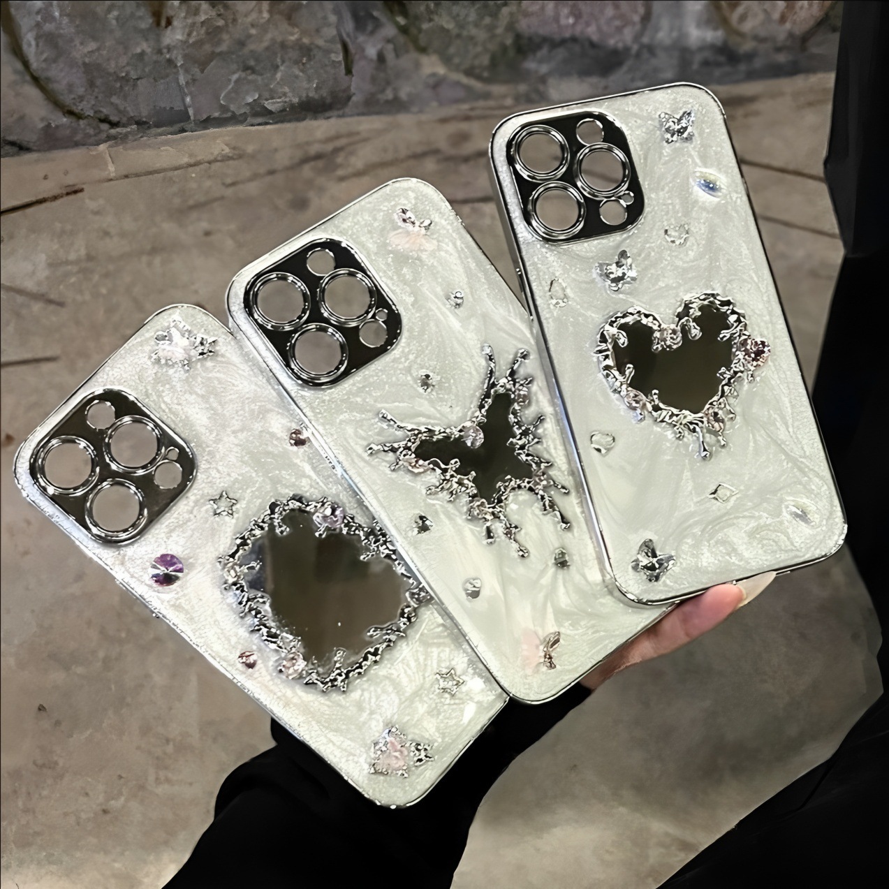 Cream Glue Iphone16Promax Mobile Phone Case 17 Bow 15 Diamond Heart Mirror 14 Suitable for 13 Women