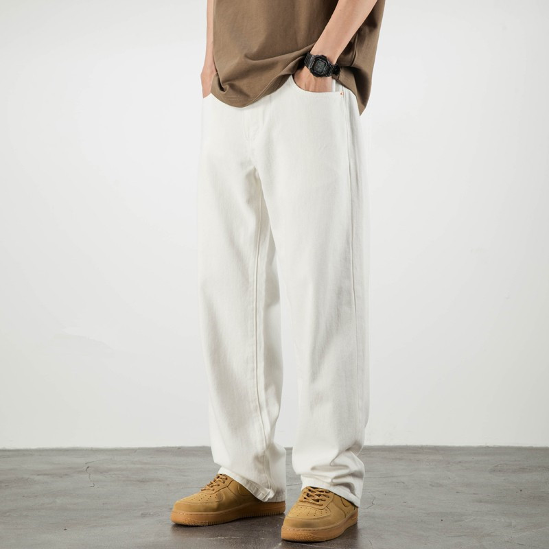 White Denim Pants Men's High Street Ins Trendy Brand Spring and Autumn Bf American Street Mid-Waist Wide Leg Pants
