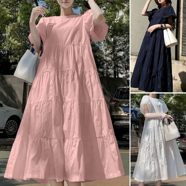 Cross-border new women's bohemian long shirt dress Kaftan o-neck puff sleeve maxi tank dress