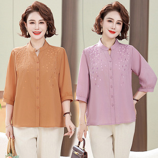 Young Mother Summer Mid-Sleeve Fashion Shirt New Style 2024 Middle-Aged and Elderly Women Noble Slim Cardigan Large Size Shirt