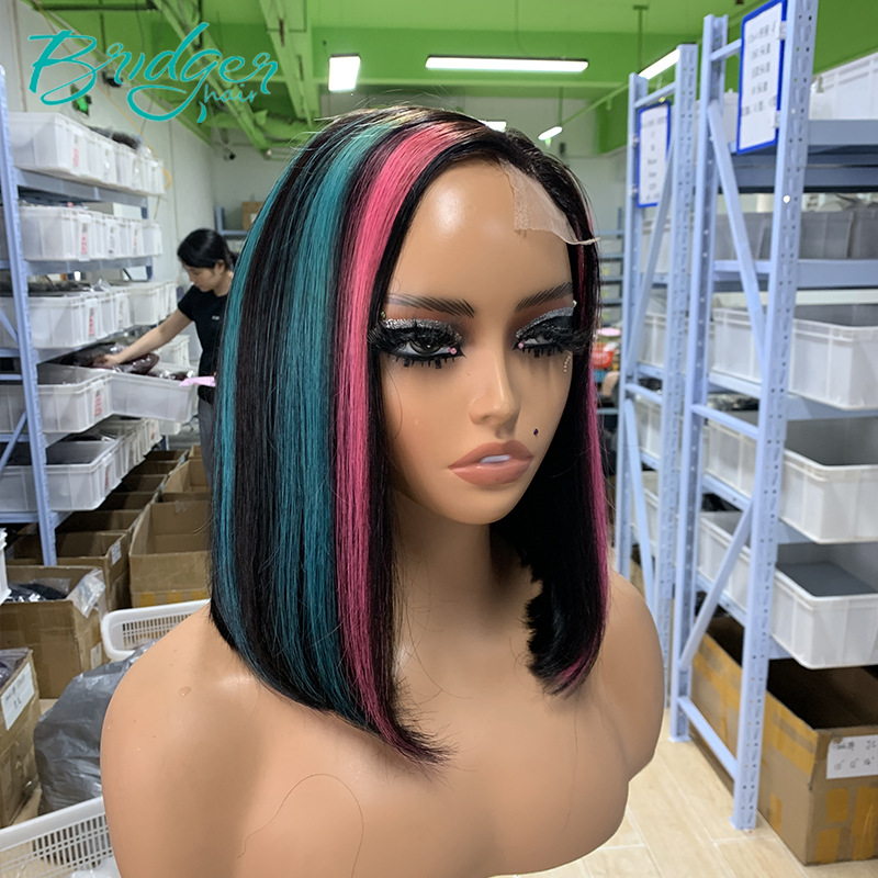 Factory Highlight Blue Rose Red 2*6 Kim Closure BOB Parrucca per capelli veri Parrucca per capelli umani_voghion.com