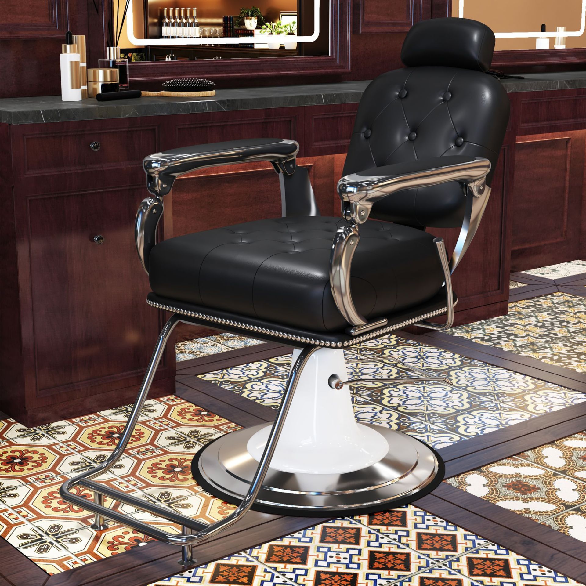 Fabricantes transfronterizos silla de peluquería retro silla de peluquería tiñida con pedal de pie silla giratoria de peluquería antigua multicolor
