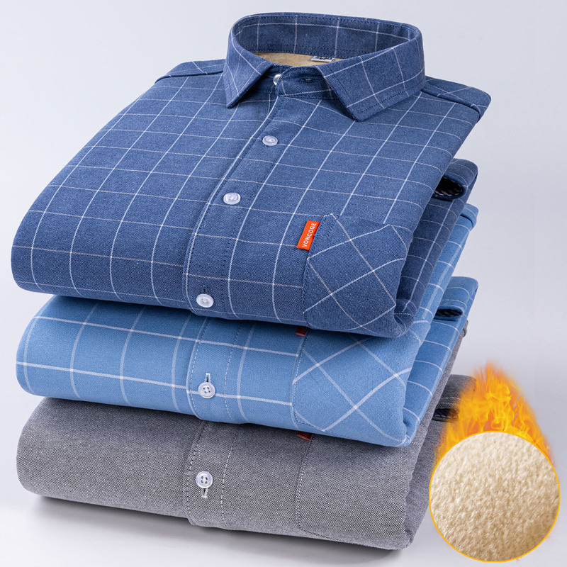 Winter Cotton Oxford Thermal Shirt Striped Plaid Long-Sleeve Full Fleece Cardigan Dad Thickened Shirt