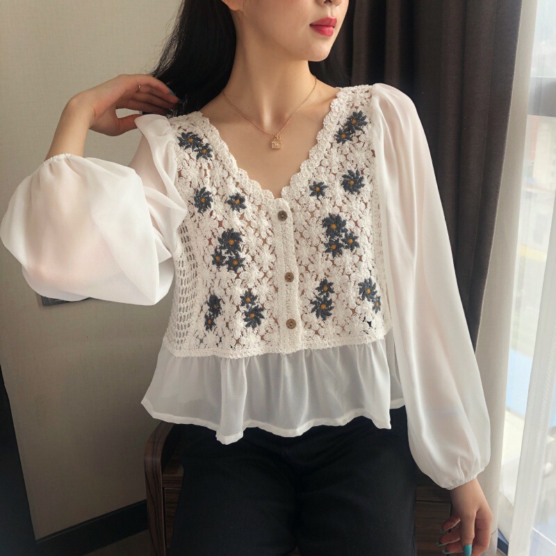 New Spring and Summer Korean Style Design Sense Chiffon Shirt Women's Loose Short Fairy Top Embroidered Lantern Sleeve Lace Shirt