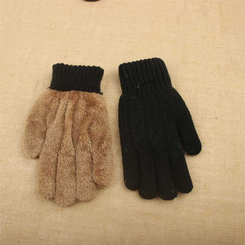 Fábrica al por mayor de lana de punto de doble capa engrosada de lana forrada caliente a prueba de frío guantes de dedo negro puro de algodón acolchado noreste grueso