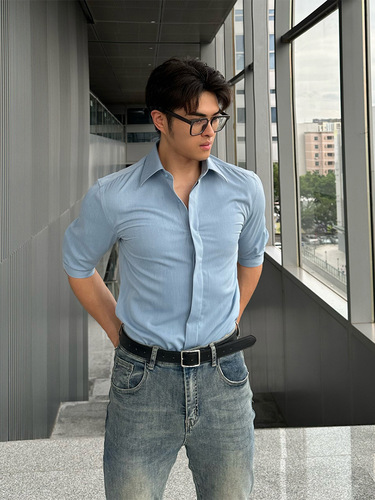 Black Men's Short Sleeve Shirt Trendy High-End British Rugged Men's Summer Outfit Seven-Fifths Mid-Sleeve Shirt Slim Fit