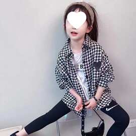 千鸟格女童秋装外套2026新款中大童儿童秋款洋气时髦格子衬衣开衫