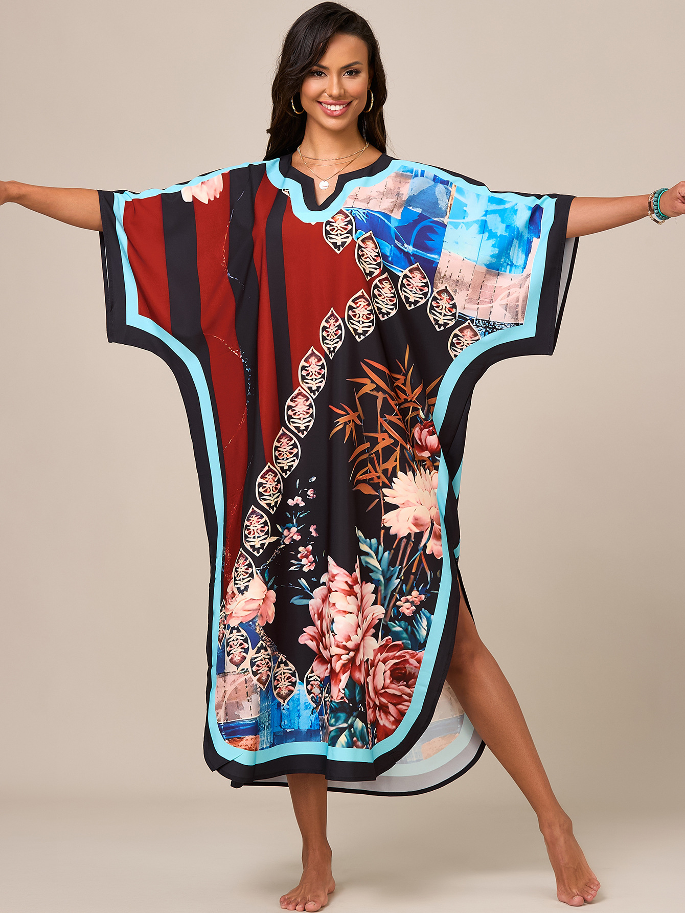 Blusa de playa europea y americana transfronteriza, impresión de posicionamiento, estilo étnico, túnica de Oriente Medio, vestido de comercio exterior suelto de gran tamaño 1011