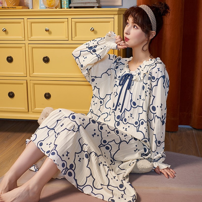 2022 primavera y otoño nuevo camisón de las mujeres de manga larga Linda dulce chica suelta pijamas princesa estilo vestido largo desgaste del hogar