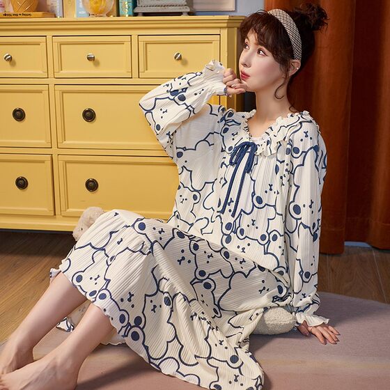 2022 Spring and Autumn New Nightdress Women's Long Sleeve Cute Sweet Girl Loose Pajamas Princess Style Long Dress Home Clothes