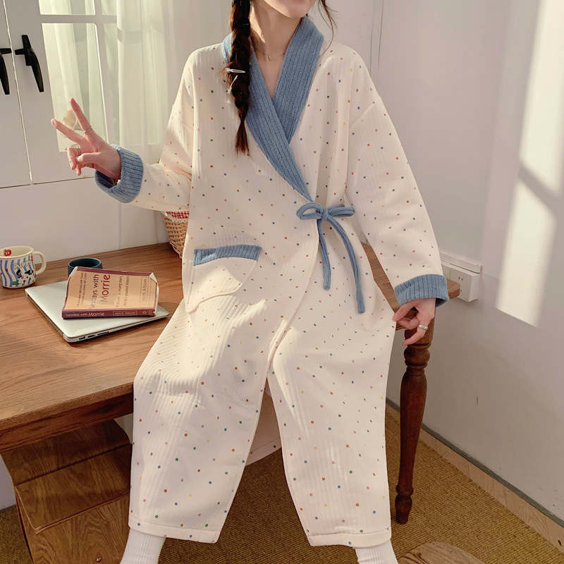 2025 Autumn and Winter Sandwich Air Cotton Nightgown Maternity Nursing Pajamas Women's Tie-Up Postpartum Maternity Feeding Skirt