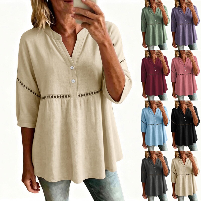 170g European and American Style Pure Cotton Casual Loose Lace Collar Short-Sleeved Top