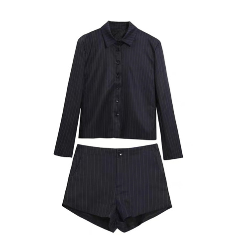 Pure Desire Hot Girl Style Blue Striped Long Sleeve Shirt and Slim Suit Shorts Set for Women Spring and Autumn Two-Piece Set