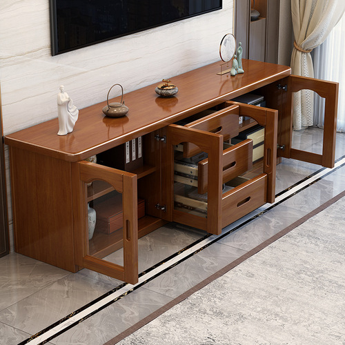 Small Living Room with Glass Door Storage Cabinet, Film and TV Storage Cabinet, All Wood TV Stand, Coffee Table Set, Simple Design