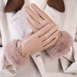 大毛口金属扣加厚手套女士电动车骑行pu皮手套加绒保暖触屏秋冬季