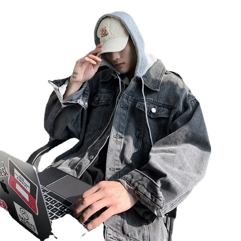Falso abrigo de mezclilla con capucha de dos piezas para hombre primavera y otoño American High Street Pu Shuai calle frita suelta chaqueta juvenil de alto grado
