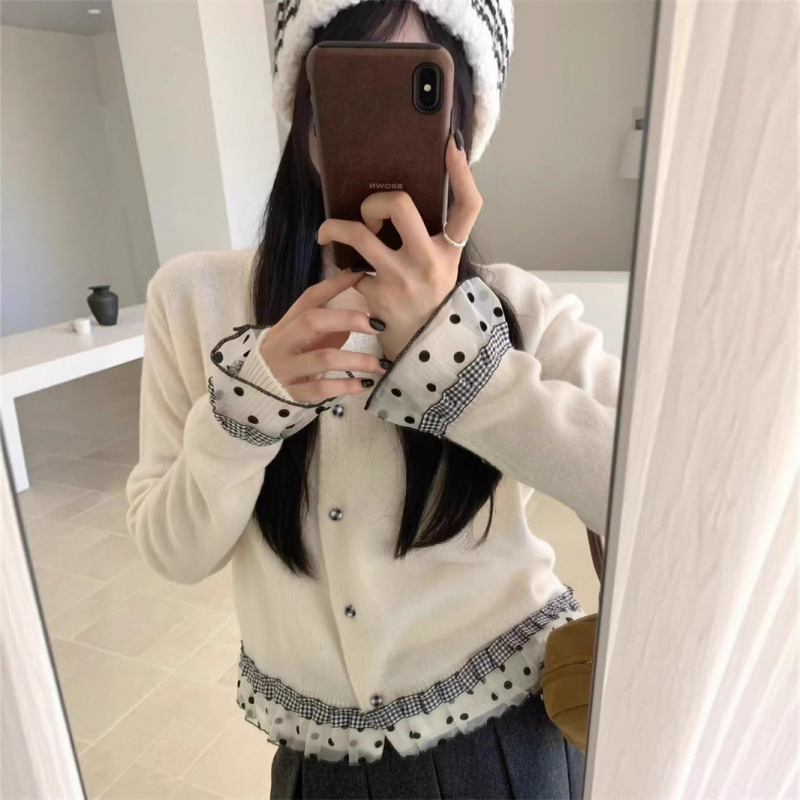 Kaning Korean-Style Sweet Lace Patchwork Knit Cardigan 2026 Autumn and Winter New Elegant Short Sweater Top
