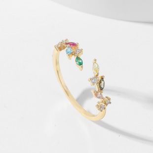 European and American cross-border fashion micro-inlaid zircon leaf ring women's simple Joker opening adjustable ring jewelry wholesale