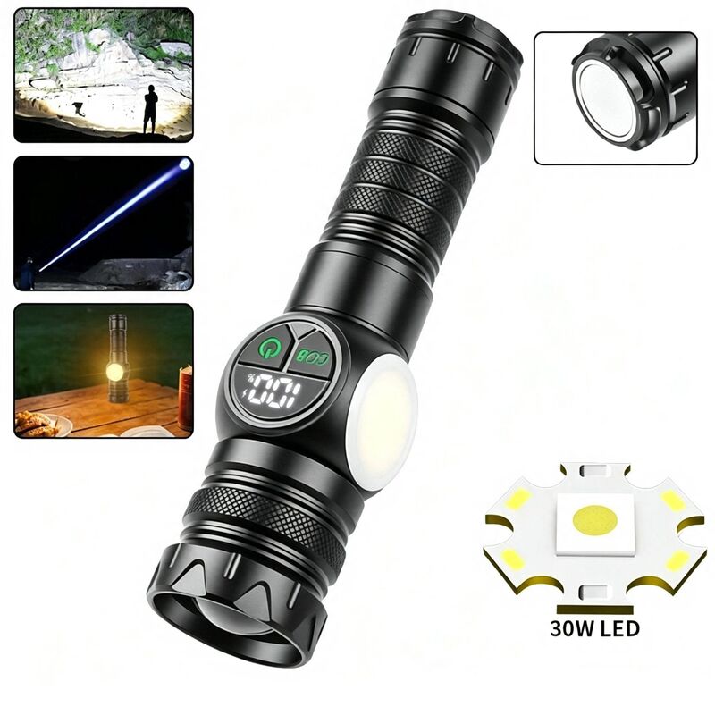 New Magnetic Strong Light Flashlight Smart Digital Display White Laser Flashlight Side Light Outdoor Emergency Repair Work Light