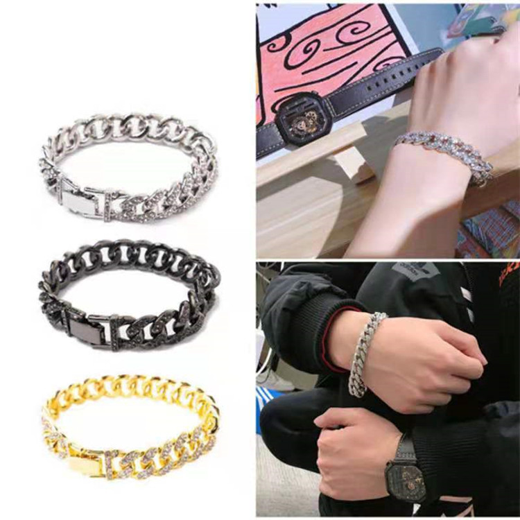 跨境新款街头潮人12.5mm 欧美亚马逊双排满钻嘻哈古巴链手链项链