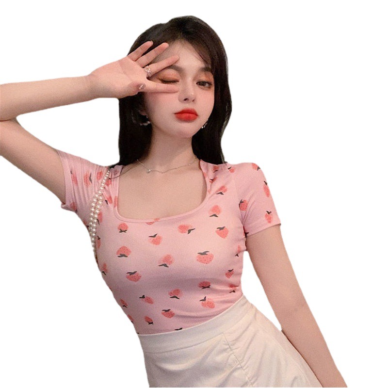 Dulce chica caliente sexy cuello cuadrado Camiseta corta Mujer primavera y otoño versátil Slim adelgazante camisa de fondo Top mujer estudiante moda image 1