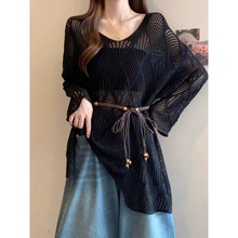 法式慵懒风v领镂空针织衫女夏季新款胖mm时尚显瘦防晒中长款上衣