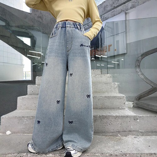 Children's Workwear Jeans Spring and Autumn New Factory Children's Clothing Wholesale Big and Middle Children Straight Leg Loose Wide Leg Children's Pants